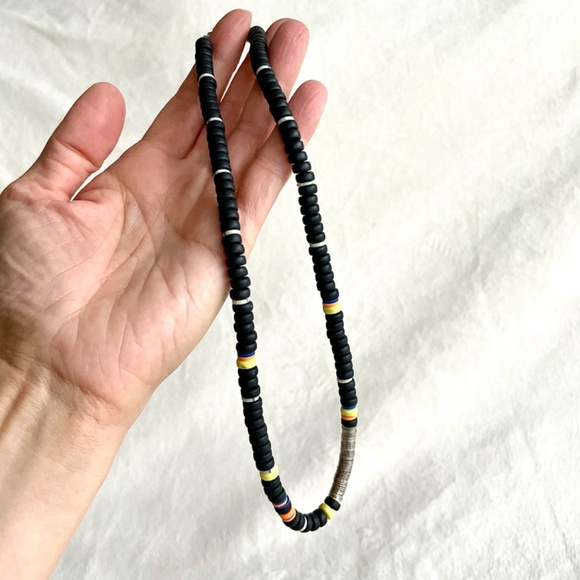 Beaded Necklace/w Black, White, Yellow, Orange, Blue, and Metal Beads - Picture 12 of 13